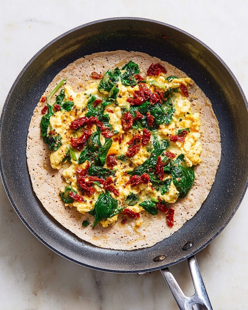 A single whole wheat tortilla lies flat in a dark non-stick pan with a metal handle, topped with cooked scrambled eggs showing white and yellow parts mixed with vibrant green spinach leaves and small pieces of bright red sun-dried tomatoes scattered unevenly over the eggs. The eggs and vegetables layer covers most of the tortilla but not reaching the edges. The pan is set on a white marbled surface. photo taken with an iphone --ar 4:5 --v 7