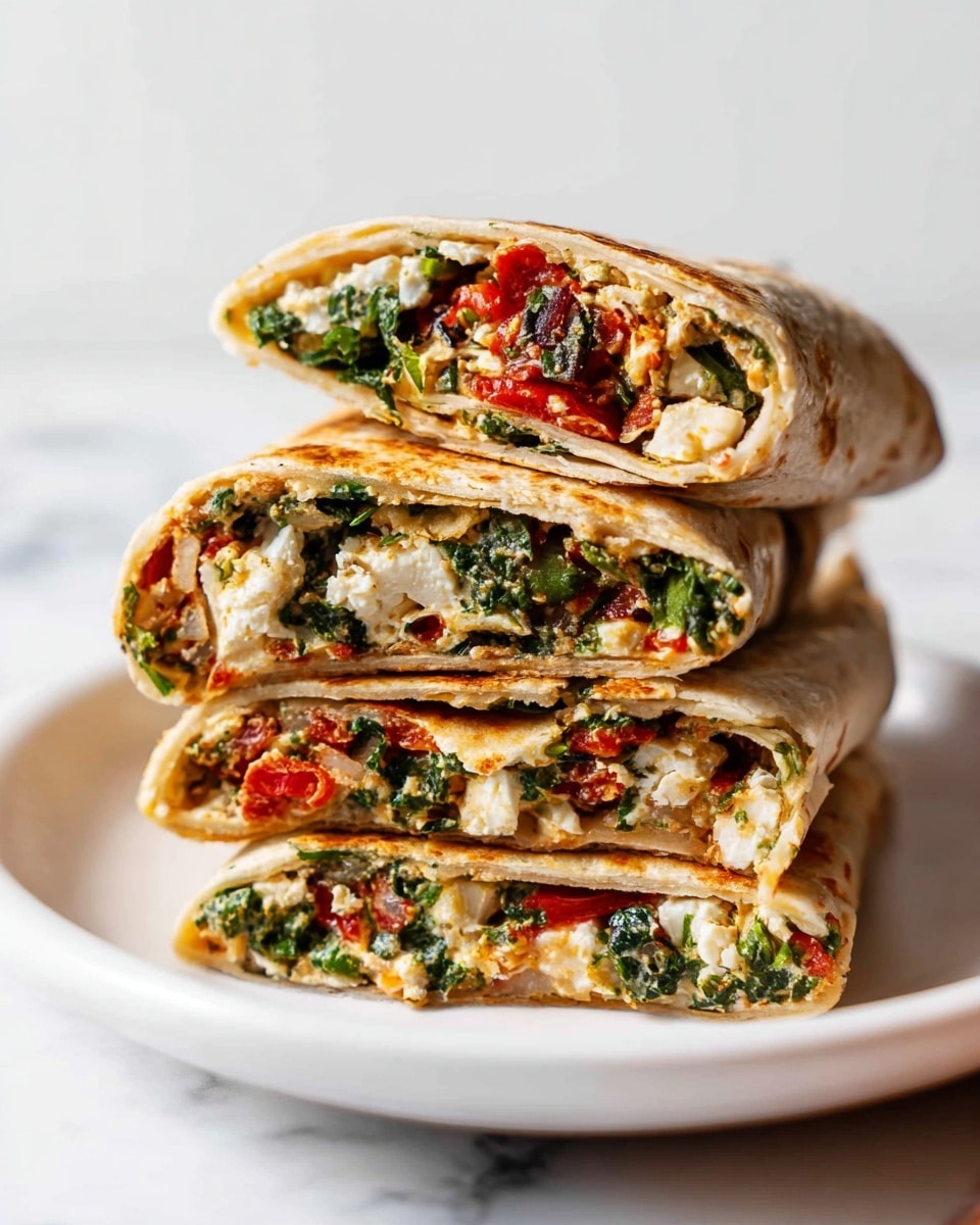 A stack of four folded wraps are shown on a white plate, set on a white marbled surface. Each wrap is cut in half, showing three layers of filling inside a light brown, soft tortilla. The fillings include visible dark green leafy vegetables, small pieces of white cheese, and bits of red tomato, creating a colorful mix of green, white, and red tones throughout each wrap. The texture of the wraps looks soft and slightly toasted, with the fillings evenly spread across the layers. photo taken with an iphone --ar 4:5 --v 7
