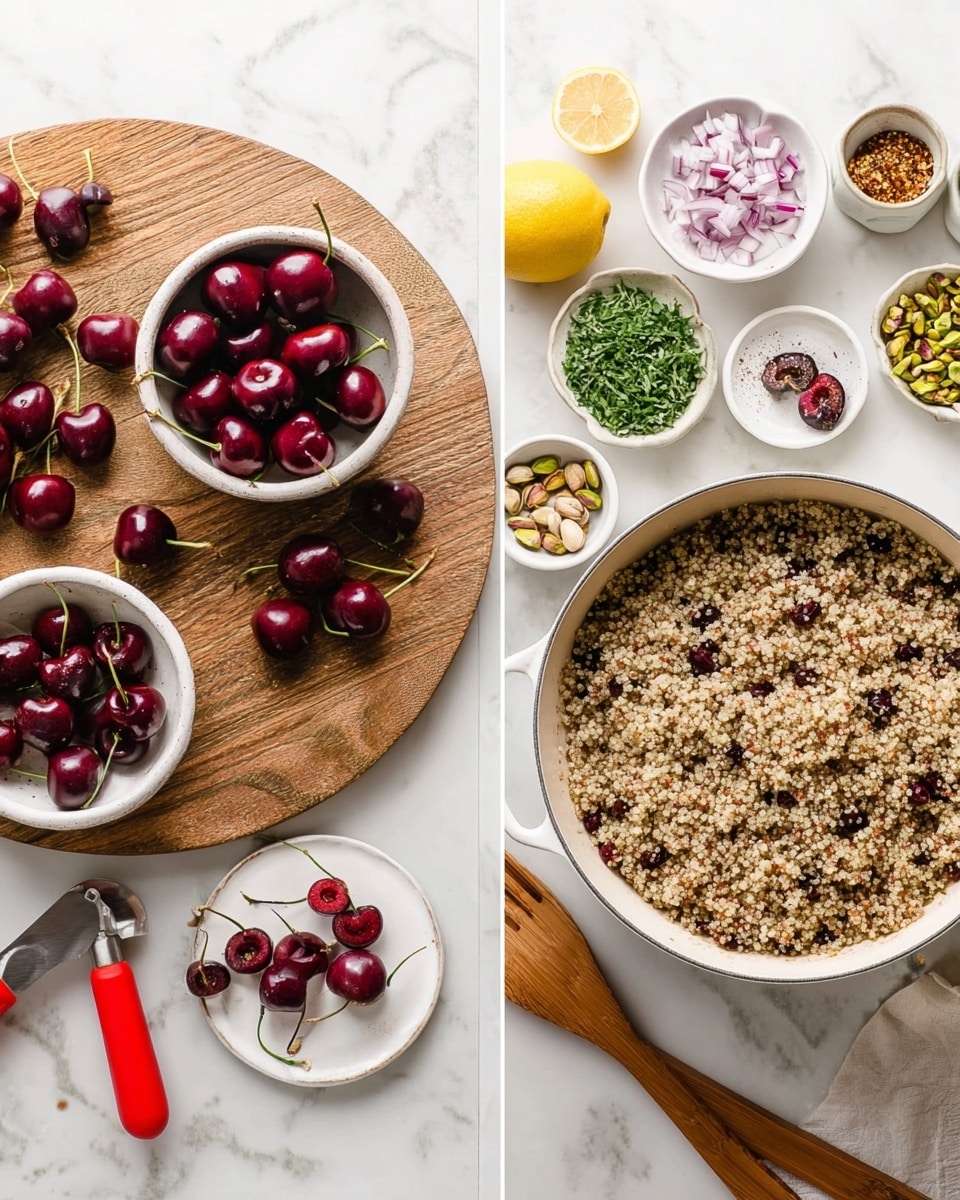 The image shows two side-by-side scenes on a white marbled surface. On the left, a round wooden board holds a white bowl filled with fresh whole dark red cherries, some cherries with stems scattered next to it, and a small white plate with removed cherry pits. A bright red cherry pitter tool sits next to the small plate. On the right, a large white pot is full of cooked quinoa with a light brown and beige mix, surrounded by small white bowls containing chopped red onions, green pistachios, fresh green herbs, sliced dark red cherries, and small containers with spices and sliced lemons. Two wooden salad servers rest beside the pot. Photo taken with an iphone --ar 4:5 --v 7
