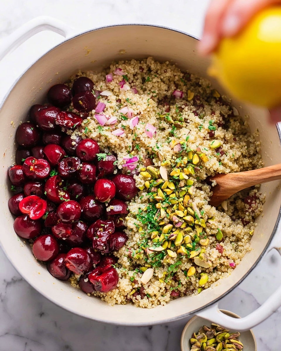 A white pot filled with layers of food ingredients; on the left side, the base is light beige quinoa, topped with dark red halved cherries on the left, greenish-yellow pistachios on the right, finely chopped small pink onions below the cherries, and fresh green herbs beside the onions, with a sprinkle of black pepper visible. A woman's hand is squeezing a bright yellow lemon above the pot. On the right side, the ingredients are mixed together, showing a textured mixture of quinoa, scattered whole cherries, scattered pistachios, onions, and herbs throughout, with a wooden spoon lifting some of the mixture from the pot. The pot rests on a white marbled surface. Photo taken with an iphone --ar 4:5 --v 7