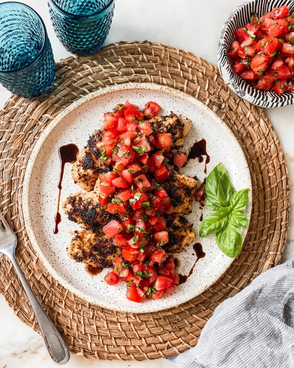 On a white speckled round plate, there are several pieces of grilled chicken with a black pepper crust, arranged closely together in one layer. On top of the chicken, there is a generous layer of diced fresh red tomatoes mixed with finely chopped green herbs, scattered evenly. A dark balsamic glaze is drizzled over the tomato layer, adding shine and contrast. A fresh green basil sprig is placed on the right side of the plate as garnish. The plate sits on a woven rattan placemat over a white marbled textured surface. To the left of the plate is a silver fork, and above the plate are two stacked blue textured glasses. To the top right, there is a white bowl with black stripes filled with more diced tomato and herbs. A light gray cloth is partially visible on the bottom right corner. photo taken with an iphone --ar 4:5 --v 7