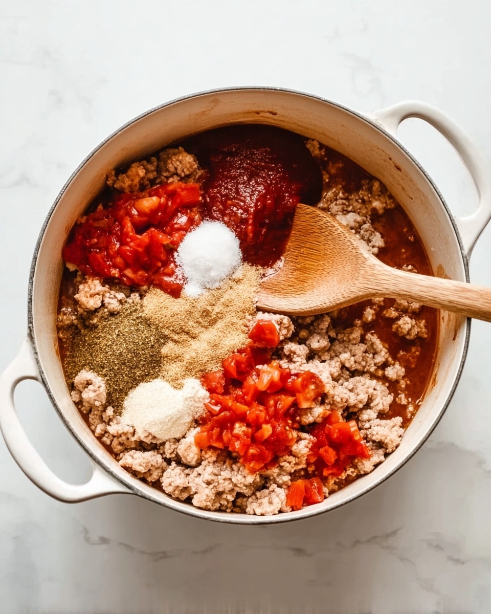 A white pot sits on a white marbled surface, filled with layers of ingredients ready to be mixed. The bottom layer is a mix of light brown cooked ground meat scattered unevenly. On one side are medium red diced tomatoes next to dark red tomato paste. Above the tomatoes is a small mound of white granulated seasoning and next to it is a heap of light brown powdered spice. A wooden spoon with a smooth texture rests inside the pot on the right side, touching the ingredients. The scene is brightly lit with a clear focus, showing all details plainly. photo taken with an iphone --ar 4:5 --v 7