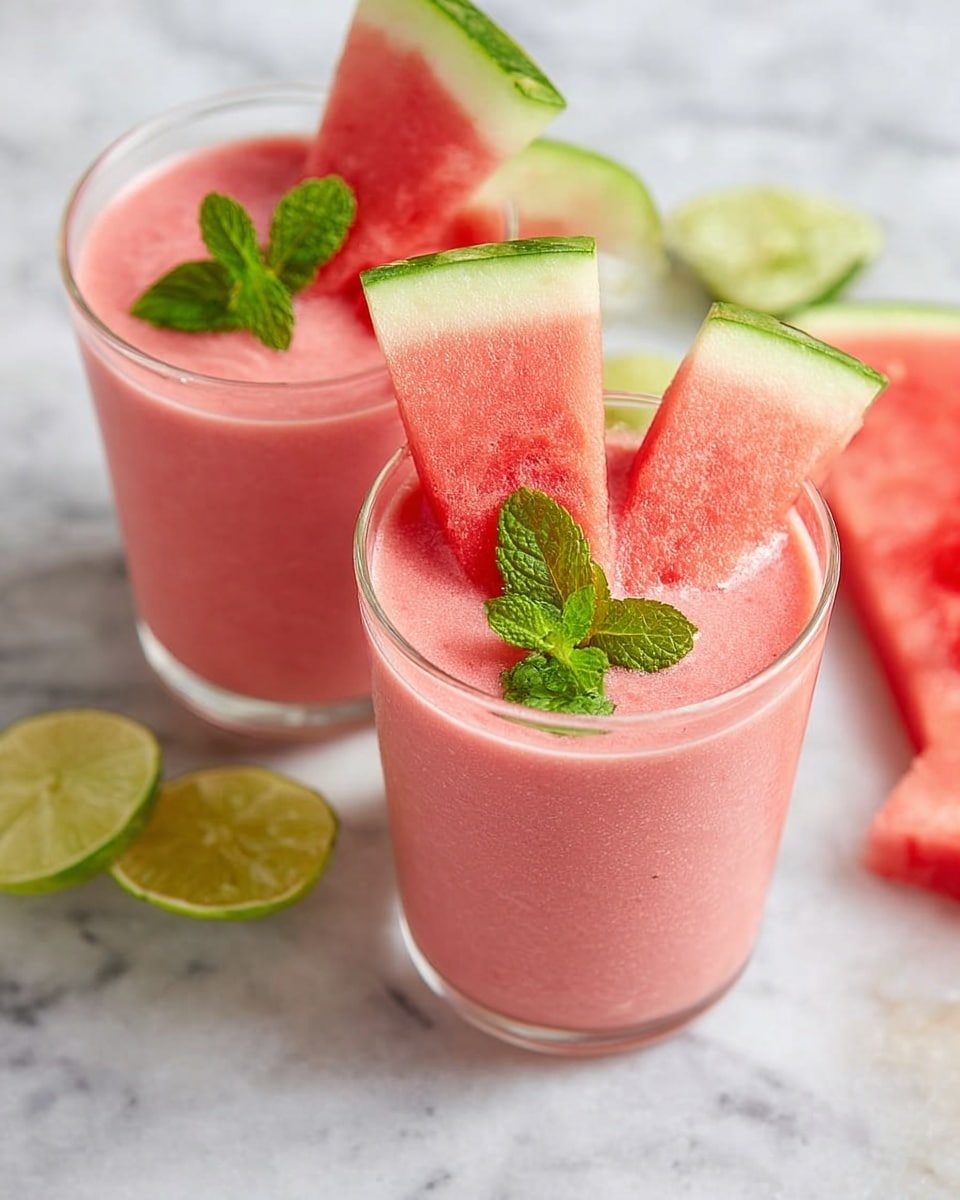 Two clear glasses filled with smooth pink watermelon smoothie are placed on a white marbled surface. Each glass is topped with two triangular slices of watermelon with green rinds facing outward, positioned vertically at the rim. Bright green mint leaves add a fresh touch next to the watermelon slices on each glass. Around the glasses, there are lime wedges and part of a watermelon slice in the background, all set on the white marbled surface. Photo taken with an iphone --ar 4:5 --v 7
