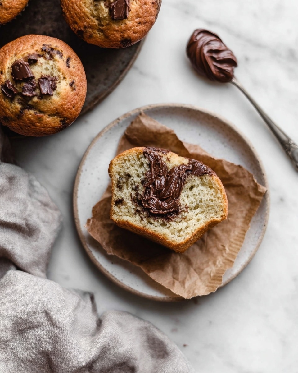 The image shows six muffins with a dark chocolate swirl on top, placed in brown paper liners inside a black tray. One muffin is on a small textured gray plate in front of the tray, partially eaten to show soft light brown dough with dark chocolate mixed inside. The plate sits on a light beige fabric on a white marble surface. To the right, beside the plate, there is a small dollop of chocolate with a spoon resting on it. The scene is softly lit and has a calm, natural feel. photo taken with an iphone --ar 4:5 --v 7
