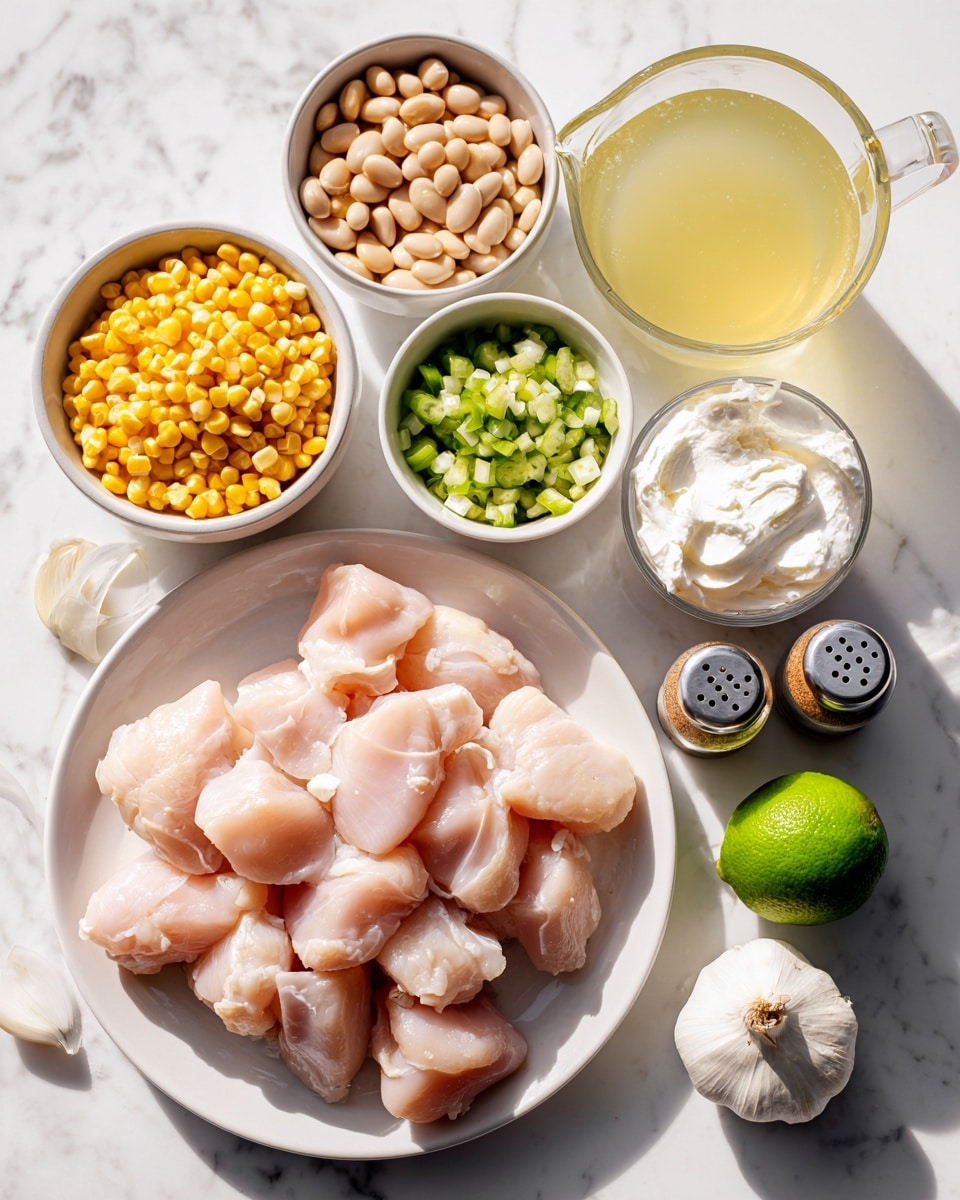 The image shows several ingredients arranged on a white marbled surface. In the center, there is a round white plate with raw chicken pieces that are pale pink with smooth and slightly glossy textures. Surrounding the plate, there are small white bowls and a metal cup containing other ingredients: bright yellow corn kernels, light beige great northern beans with a smooth texture, medium diced white onions, and finely chopped hatch green chiles. There is also a clear glass measuring cup filled with light yellow chicken broth. Two garlic cloves and a whole green lime with a slightly rough texture sit near the top right. A small glass bowl contains white cream cheese with a creamy, smooth top layer. Two spice jars with labels are placed near the chicken plate. The light is bright, highlighting the colors and textures of all ingredients clearly. Photo taken with an iphone --ar 4:5 --v 7
