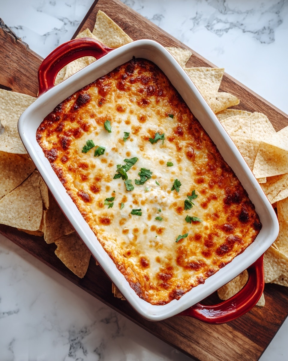 A white rectangular dish filled with a cheesy dip that has two visible layers: the bottom layer is mixed with beans, small green pieces, and a creamy texture; the top layer is melted yellow and white cheese spread evenly. A woman's hand is holding a white triangular chip dipped into the cheesy layer on the left side of the dish. The dish sits on a wooden surface with a white marbled background. Photo taken with an iphone --ar 4:5 --v 7