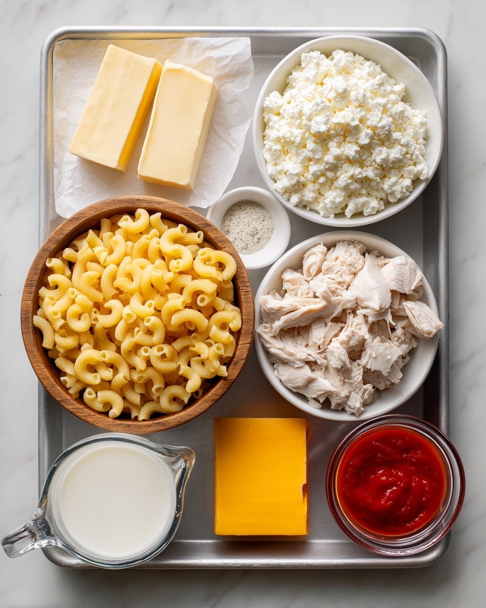 A metal tray holds several ingredients placed in separate white bowls and containers, all arranged neatly on a white marbled surface. At the top left, two small rectangular blocks of pale yellow butter rest on a square piece of white paper. Next to the butter, a white bowl is filled with chunky white cottage cheese. To the right, a slightly smaller white bowl contains white flour with a fine texture. In the center of the tray is a larger wooden bowl filled with dry, uncooked elbow pasta in a warm yellow color, showing a smooth and slightly curved shape. Below the pasta, a small white bowl contains medium-fine white salt. Left of the salt is a bright yellow block of cheddar cheese with a smooth surface. Below the cheese is a small clear serving jug filled with bright red buffalo sauce with a glossy texture. To the right of the sauce, a white bowl contains diced pieces of cooked chicken, which appear white with specks of black seasoning. On the far left side of the tray, a clear glass measuring cup filled with white milk is placed, its handle facing outward. Photo taken with an iphone --ar 4:5 --v 7