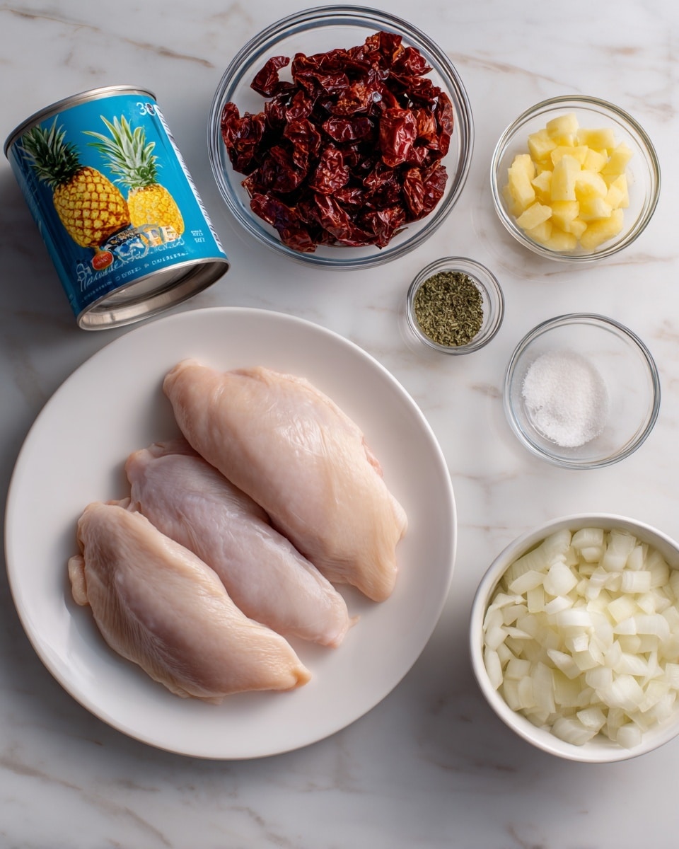 The image shows a white plate at the bottom center with two raw chicken pieces that are light pink and smooth. Above the plate, there is a white bowl filled with small white chopped onion pieces to the right and beside it to the left is a white bowl of dark red sun-dried tomatoes with a rough texture. Above these bowls are three small clear glass bowls: the left one contains green dried herbs, the middle one has light yellow chopped garlic, and the right one has white salt. On the left side of the image, there is a blue can of pineapple chunks with yellow pineapple pictures on the label. All items are placed on a white marbled surface with a simple, clean look. photo taken with an iphone --ar 4:5 --v 7