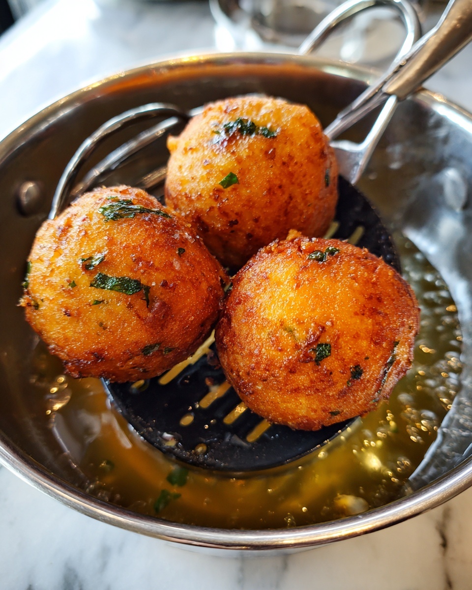 Three round, golden-brown fried balls with a slightly rough texture and small green herb pieces inside are held on a black slotted spatula over a white pot filled with hot oil. The balls have a crispy, crunchy outer layer. The background shows the shiny metal rim of the pot and the white marbled surface below. Photo taken with an iphone --ar 4:5 --v 7