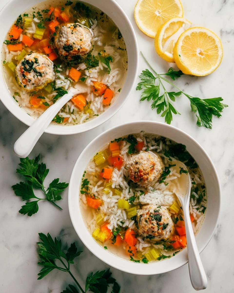 A white bowl filled with soup containing about ten small brown meatballs and several pieces of orange carrot floating in a creamy light yellow broth with small green herbs sprinkled on top. There are also chunks of pale potato and bits of white rice visible in the soup. A woman's hand on the left holds the bowl while another woman's hand on the top right places a golden spoon inside the bowl. The background shows a white marbled texture with lemon wedges and green leaves scattered around. Photo taken with an iphone --ar 4:5 --v 7