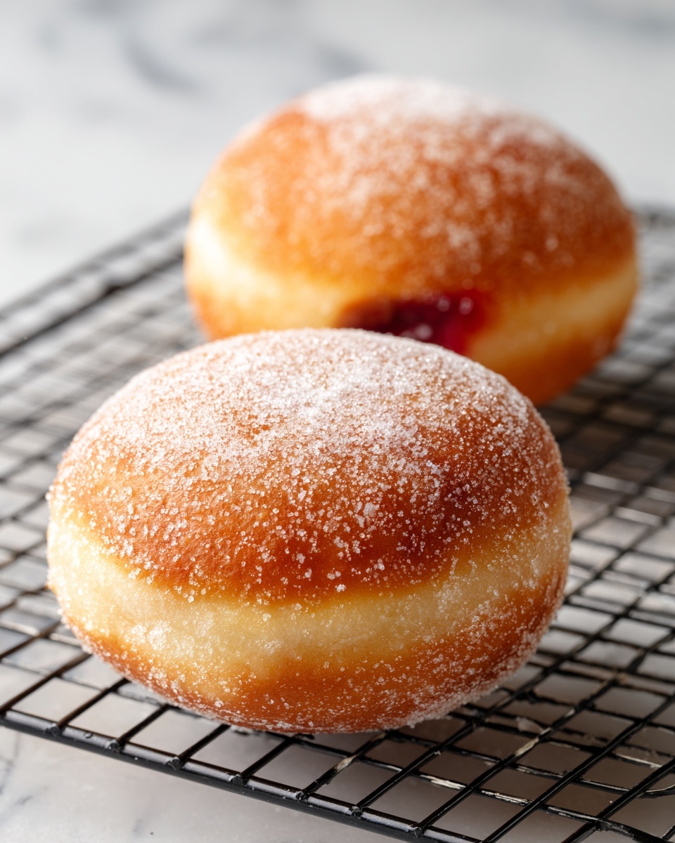 Two round, golden brown doughnuts are shown on a black cooling rack above a white marbled surface. Each doughnut is coated with a layer of fine white sugar, giving them a slightly rough texture. One doughnut reveals a hint of red filling peeking out from the side, indicating a fruit jam inside, while the other doughnut appears whole with a smooth rounded top. The colors range from light to medium golden yellow with some slightly darker browned spots from baking, creating a warm and appetizing look. Photo taken with an iphone --ar 4:5 --v 7