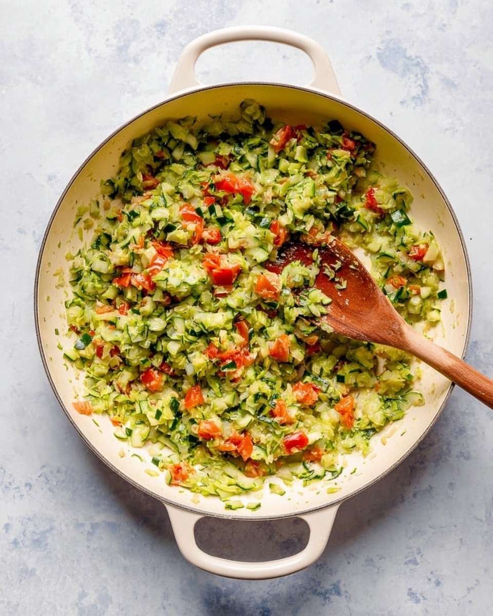 A white round pan with two handles on a white marbled surface holds a sautéed mix of finely chopped green zucchini and small light yellow onion pieces, combined with scattered chunks of red tomato. A wooden spoon rests inside the pan, partially stirring the colorful vegetable mix. The green and red colors contrast well against the creamy white pan interior, showing a fresh and soft texture of the cooked vegetables. Photo taken with an iphone --ar 4:5 --v 7