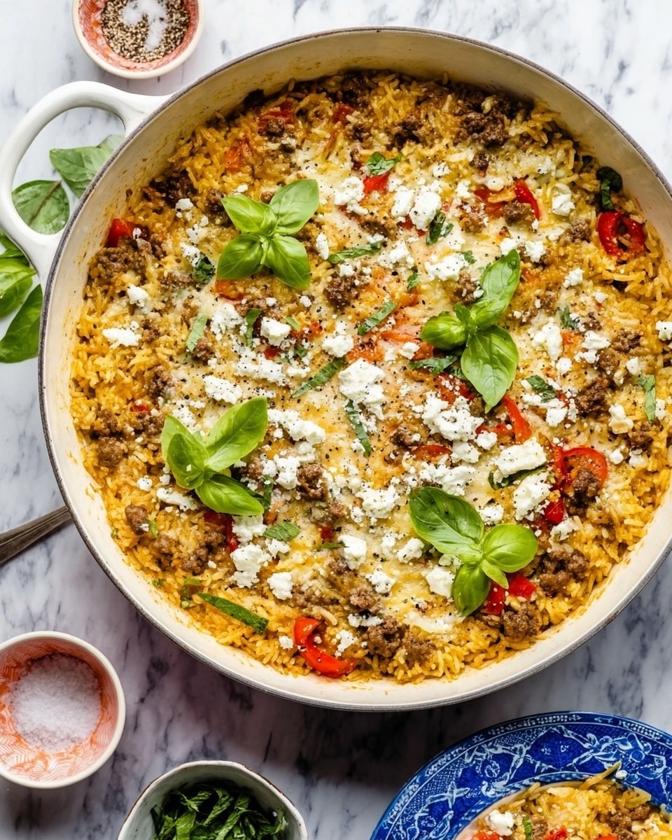 A large white pan filled with a rice dish layered with browned ground meat and small red bell pepper pieces mixed in the yellowish rice. On top, there is a generous layer of crumbled white cheese scattered evenly, with light orange melted cheese patches visible underneath. Fresh green basil leaves are placed on the surface, adding a pop of color. The rice looks creamy and soft, with some black pepper sprinkled on the cheese. Around the pan, there are small white bowls with fresh herbs and salt on a white marbled surface, along with a white and blue patterned plate holding a serving of the rice dish near the bottom right corner. Photo taken with an iphone --ar 4:5 --v 7