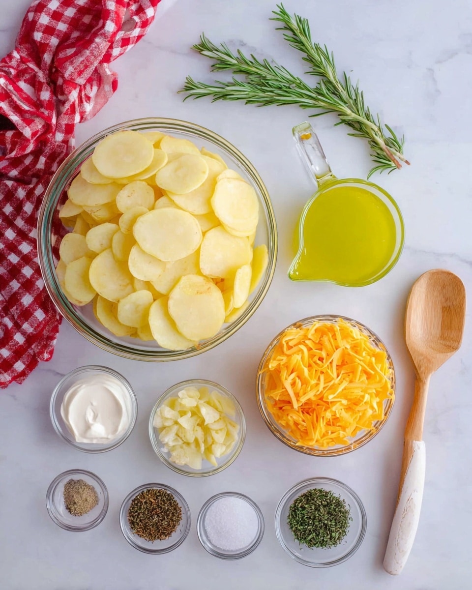 A clear glass bowl in the center holds many pale yellow, thin potato slices layered evenly. Below it, a smaller clear bowl is filled with bright orange shredded cheese. To the right of the potato bowl, there is a clear glass cup with a bright yellow-green liquid and a small spout. Below this cup, a small clear bowl contains finely chopped pale garlic. Below the cheese, a round clear bowl holds white cream. Surrounding these are tiny clear bowls with ground black pepper, white salt, another fine light beige powder, and green dried herbs. Two sprigs of green rosemary lie near the bowls. To the right side on a white marbled surface, there is a large wooden spoon with a white handle. On the left, a red and white checkered cloth adds color to the background. Photo taken with an iphone --ar 4:5 --v 7