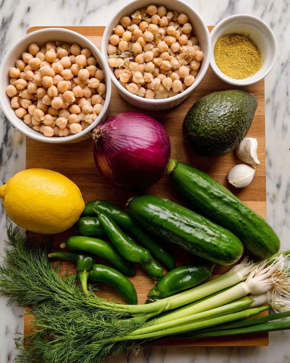 The image shows a wooden board with fresh ingredients neatly arranged on a white marbled surface. There are two white bowls filled with light beige beans and chickpeas placed in the top left and bottom left corners. Next to the bowls is a whole dark purple onion, a bright yellow lemon, and a dark green avocado. To the right of these are four small dark green cucumbers, one larger dark green jalapeño, and a bunch of green onions with long white and green stalks. In front of the cucumbers and jalapeño lie fresh green chives and a bunch of dill with feathery leaves. A small white bowl with a yellow powder is placed near the top right corner. A single peeled white garlic clove rests beside the green onions. photo taken with an iphone --ar 4:5 --v 7