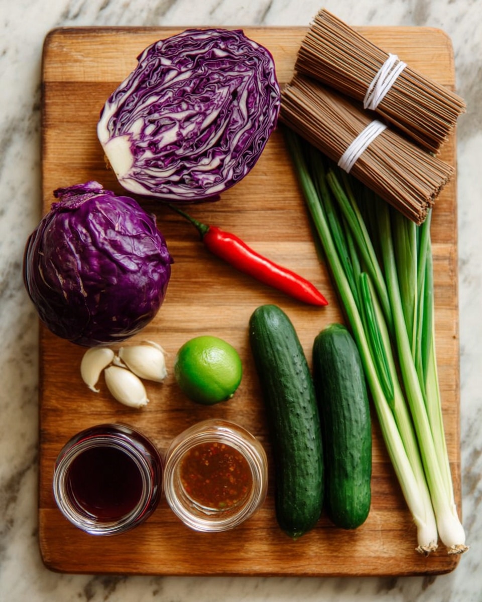 The image shows a wooden board with several fresh ingredients neatly placed on it. On the top left is a half purple cabbage, next to a red chili pepper placed diagonally. Below the cabbage and chili are two jars, one with a dark red liquid and the other with a light brown sauce. A bright green lime and two small white garlic cloves are near the jars. To the right of the lime and garlic are two long, dark green cucumbers. On the far right, there is a bunch of green onions with white bulbs, and above them are two bundles of brown noodles tied with small white bands. The overall background is a white marbled surface. photo taken with an iphone --ar 4:5 --v 7
