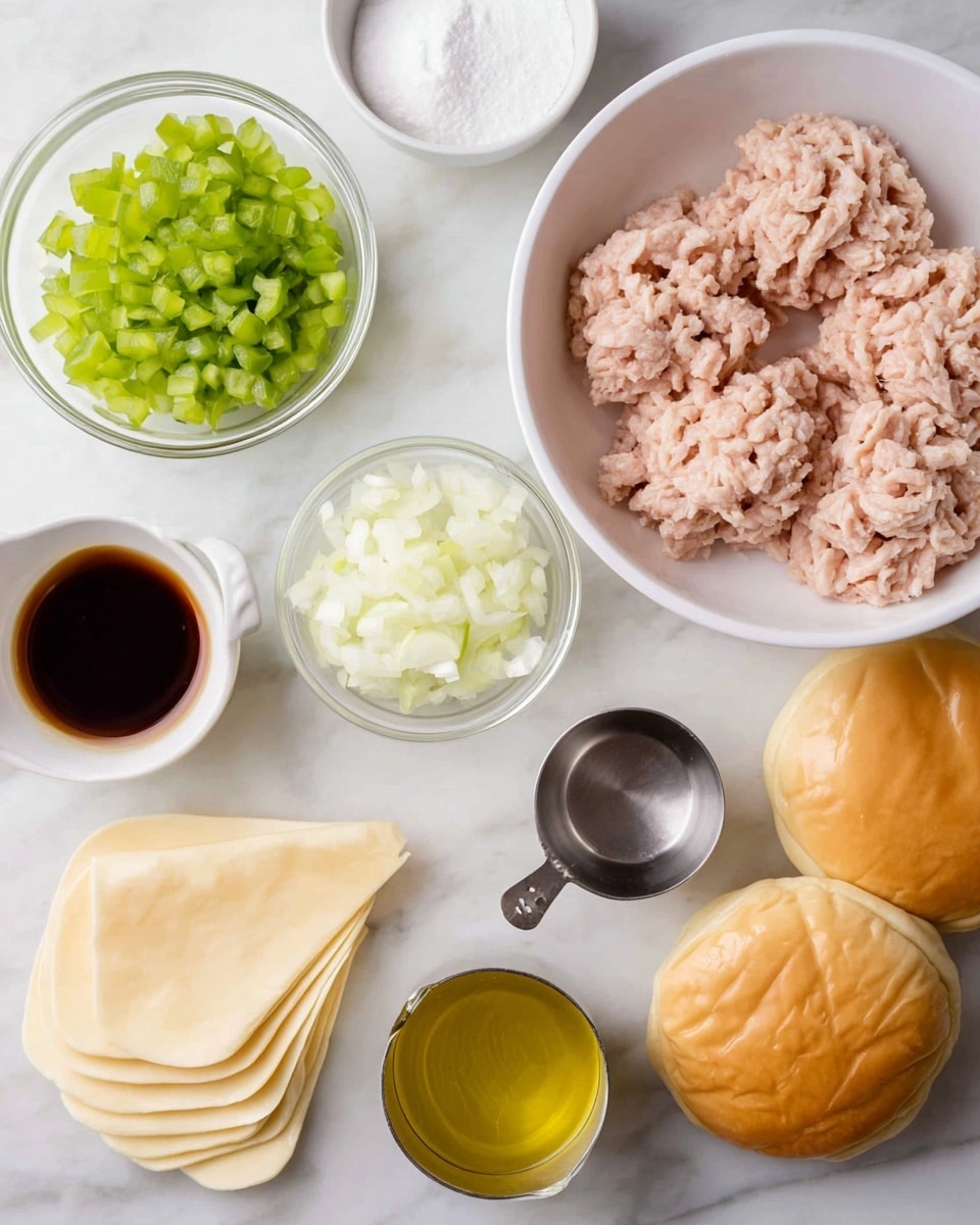The image shows a flat lay of ingredients neatly placed on a white marbled surface, organized in a visually balanced way. In the center right, there is a white bowl filled with four portions of light pink ground meat with a soft texture. Below it, a stack of thin, round, pale yellow wrappers lies to the right, slightly fanned out. Near the bottom middle, a small metal measuring cup contains a yellow liquid, likely oil. To its left, a small white sauce dish holds a dark brown liquid, probably soy sauce. Above, a small white ramekin contains finely chopped white onions, showcasing a translucent and fresh appearance. Right above that, a clear glass bowl is filled with bright green chopped pickles or peppers, adding a pop of color. To the top left of the onions, a small white bowl holds fine white powder, likely salt or flour. The top corners of the image show parts of two light brown round buns with a smooth, soft texture and slight wrinkles. The photo taken with an iphone --ar 4:5 --v 7