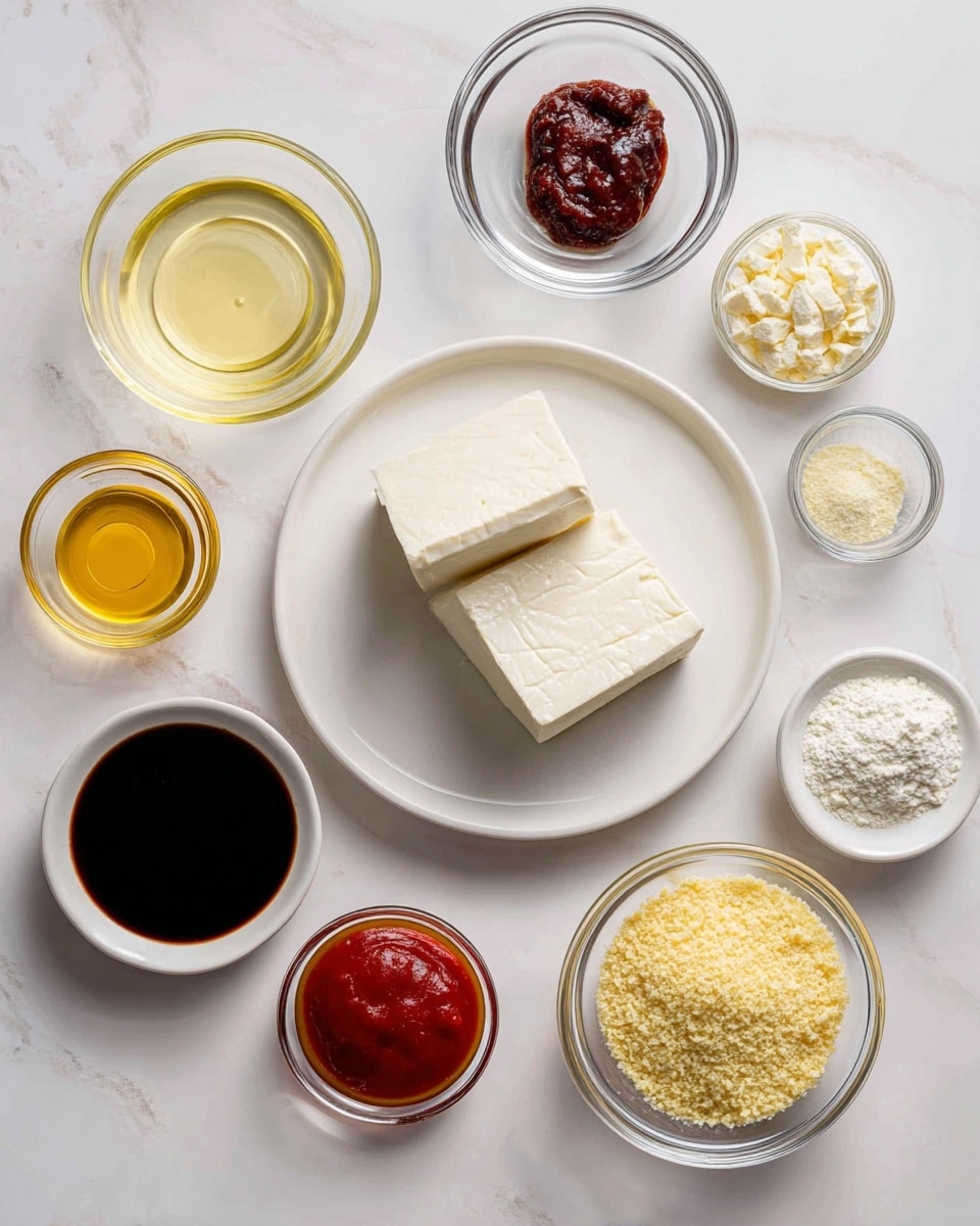 The image shows various cooking ingredients arranged neatly on a white marbled surface. In the center, there is a white plate holding two pieces of white tofu, stacked side by side. Surrounding the plate are small clear glass bowls with different liquids and powders: a pale yellow liquid labeled vinegar, a dark red thick paste marked gochujang, a dark brown liquid named soy sauce/tamari, a golden liquid identified as honey, a light amber liquid called sesame oil, and a bright red paste labeled tomato paste. There are also small bowls with vegetable broth, minced ginger and garlic, white cornstarch powder, and golden breadcrumbs. Each ingredient is clearly labeled with black text. photo taken with an iphone --ar 4:5 --v 7