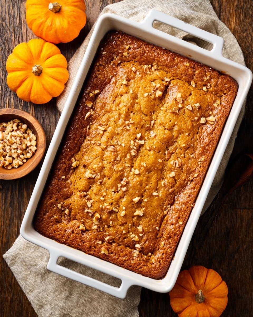 A freshly baked rectangular dessert in a white ceramic dish with slightly raised edges, showing a golden-brown surface with a slightly cracked texture and sprinkled with small pieces of nuts evenly across the top; the top layer looks soft and crumbly with a warm, inviting color. The dish is resting on a dark wooden surface with two small bright orange pumpkins and a small bowl with chopped nuts nearby, along with a beige cloth tucked behind the dish. Photo taken with an iphone --ar 4:5 --v 7