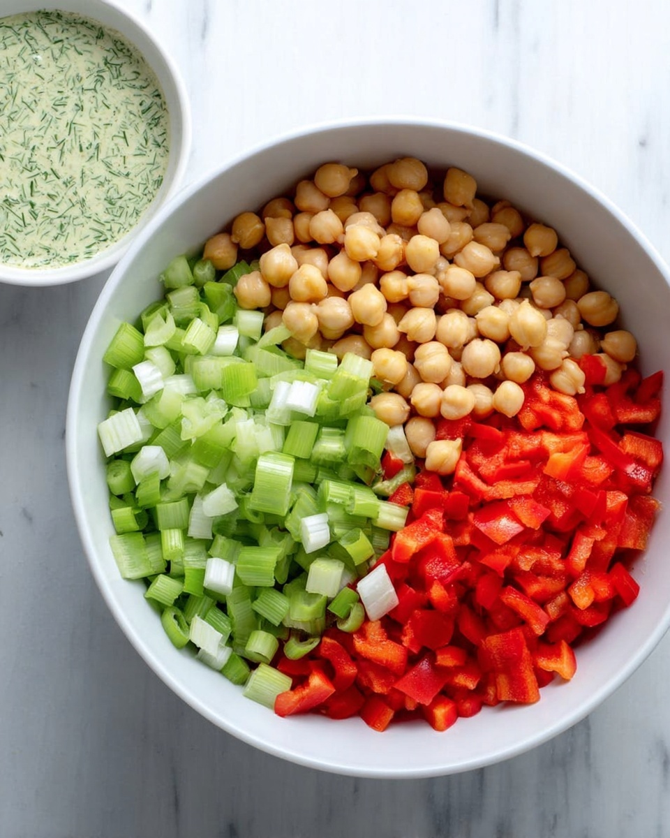 A white bowl filled with four layers of fresh ingredients, arranged side by side: light beige chickpeas on the left, small green celery cubes next to them, a layer of sliced light green spring onions in the middle, and bright red chopped bell peppers on the right. A smaller white bowl with creamy green herb sauce is placed near the larger bowl. The setting is a white marbled surface. Photo taken with an iphone --ar 4:5 --v 7