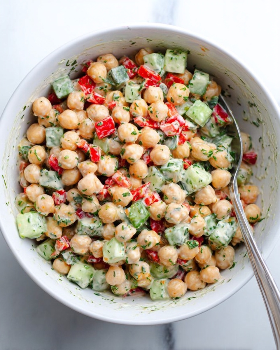 A white bowl filled with a salad showing multiple layers; the bottom layer is fresh, green lettuce leaves with ruffled edges, topped with a creamy chickpea mixture that includes small diced red bell peppers, chopped cucumbers, and fresh herbs like dill. On top of the salad is a small pile of green capers and two lemon wedges placed on one side of the bowl. The bowl sits on a white plate on a white marbled surface, next to a silver fork and a basket with slices of seeded bread. Photo taken with an iphone --ar 4:5 --v 7