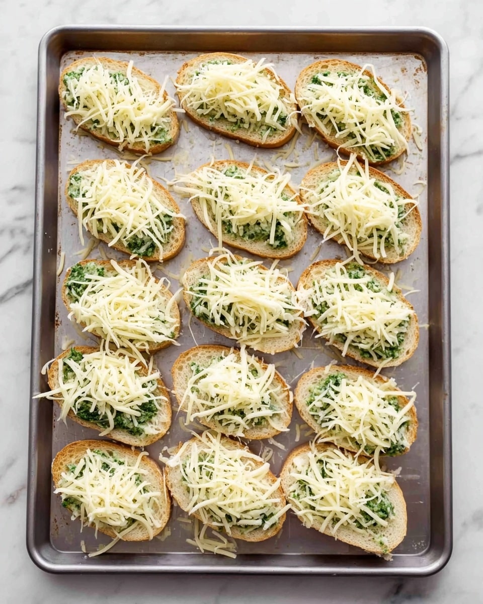 The image shows a baking tray filled with 12 small slices of bread, each topped with a spread that looks green and creamy, possibly a herb or spinach mixture. On top of the green spread, there is a generous layer of shredded pale yellow cheese covering each slice. The tray is set on a white marbled surface. The lighting is bright, making the cheese and green spread look fresh and ready to bake. photo taken with an iphone --ar 4:5 --v 7