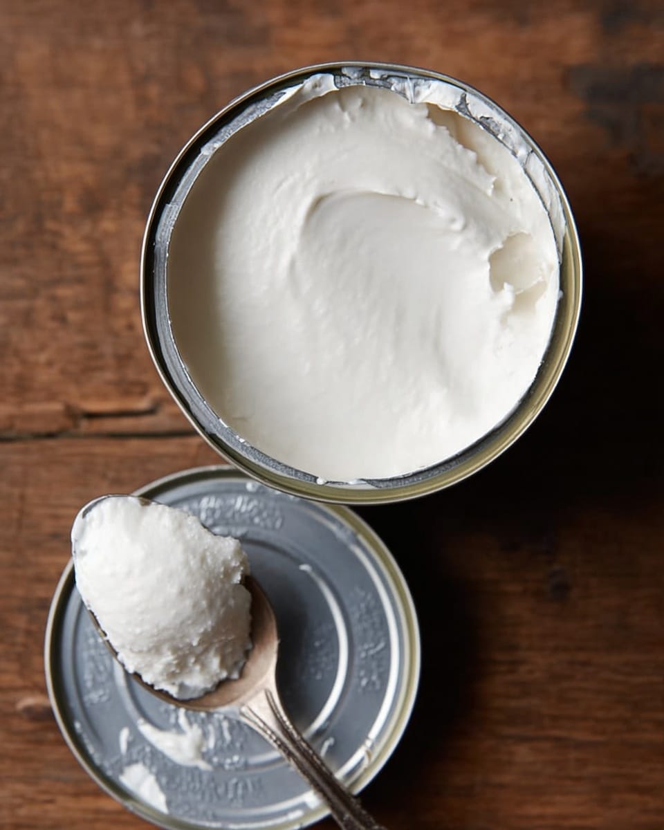 The image shows an open can filled with smooth, thick white coconut cream, with the lid partially peeled back and resting above it. Next to the can lies a silver spoon holding a dollop of the creamy white coconut cream. The surface under the objects is a warm wooden texture. photo taken with an iphone --ar 4:5 --v 7