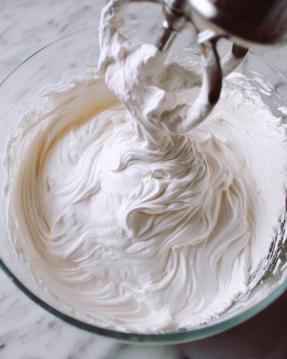 The image shows a clear glass bowl filled with thick, white whipped cream. The whipped cream has a smooth, fluffy texture with swirls and peaks made by a mixer that is partially visible above the bowl. The swirls create a sense of movement and lightness. The bowl sits on a white marbled surface. photo taken with an iphone --ar 4:5 --v 7