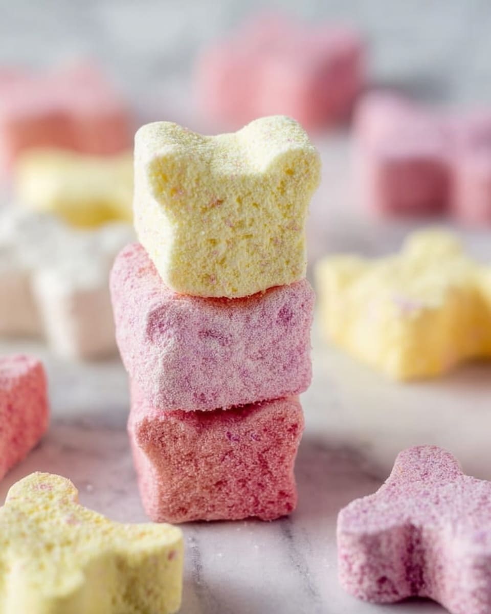 The image shows a stack of three bear-shaped marshmallows placed on a white marbled surface. The bottom and top layers are pink with a soft, powdery texture, and the middle layer is yellow, looking light and fluffy. Around the stack, there are more marshmallows in yellow and pink colors scattered across the surface, some with bite marks. The overall look is soft and airy with gentle pastel colors. Photo taken with an iphone --ar 4:5 --v 7