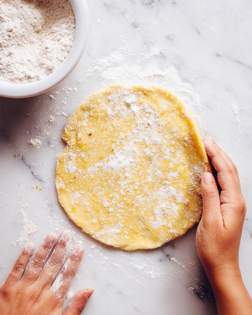A close-up image of a round, flat dough circle with a light yellow tint and a dusting of white flour on top, placed on a white marbled surface. To the left, there is a white bowl filled with flour, and to the right, a woman's two hands covered lightly in flour are gently resting on the surface near the dough. The dough has a slightly uneven edge and a smooth texture, showing some small imperfections. photo taken with an iphone --ar 4:5 --v 7