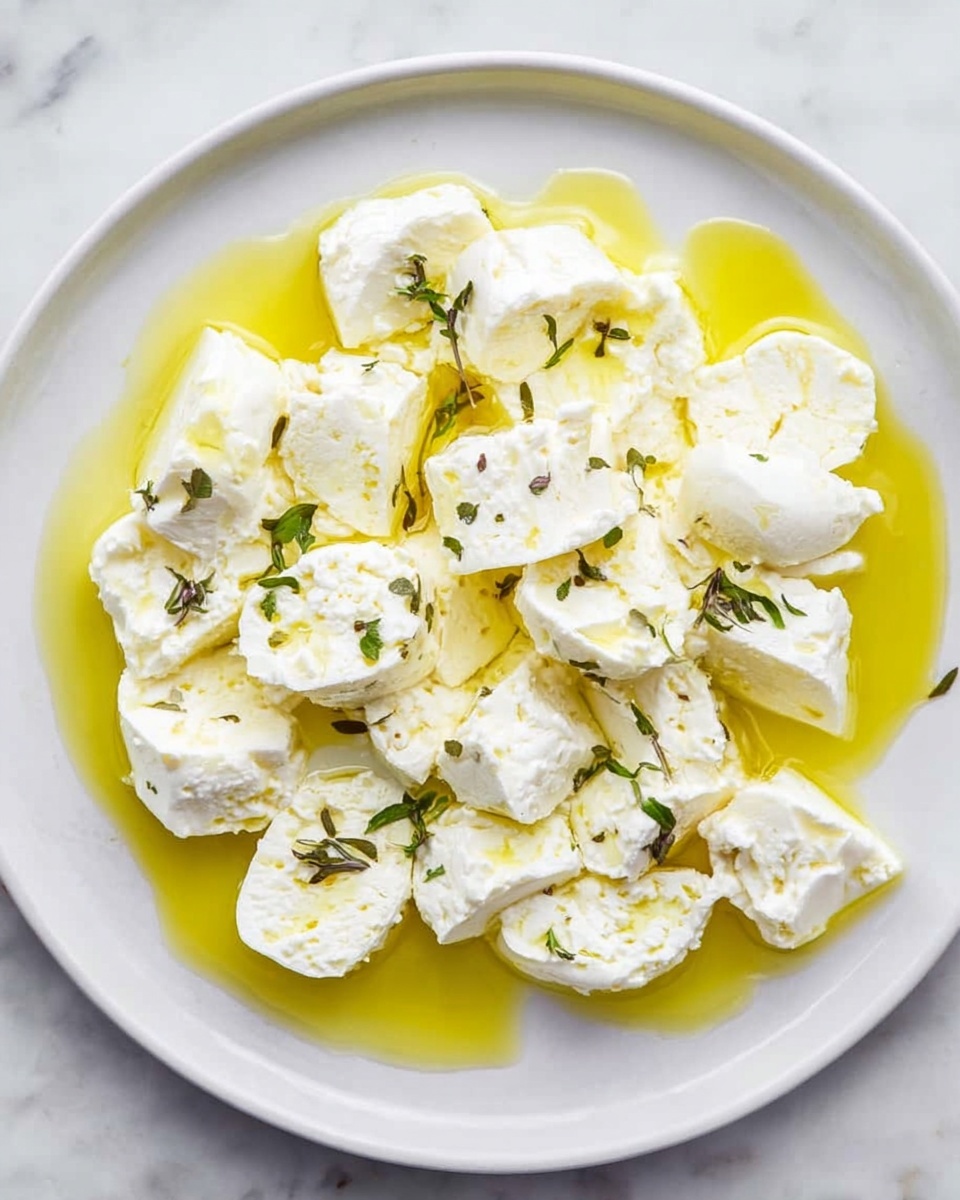 A white round plate with soft white cheese pieces layered evenly across the surface, each piece showing a creamy texture with some small holes. The cheese is soaked in light yellow olive oil that pools around and between the cheese chunks. Small green herb leaves are scattered on top, adding a touch of color contrast. The plate is placed on a white marbled surface, enhancing the fresh and clean look of the dish. photo taken with an iphone --ar 4:5 --v 7