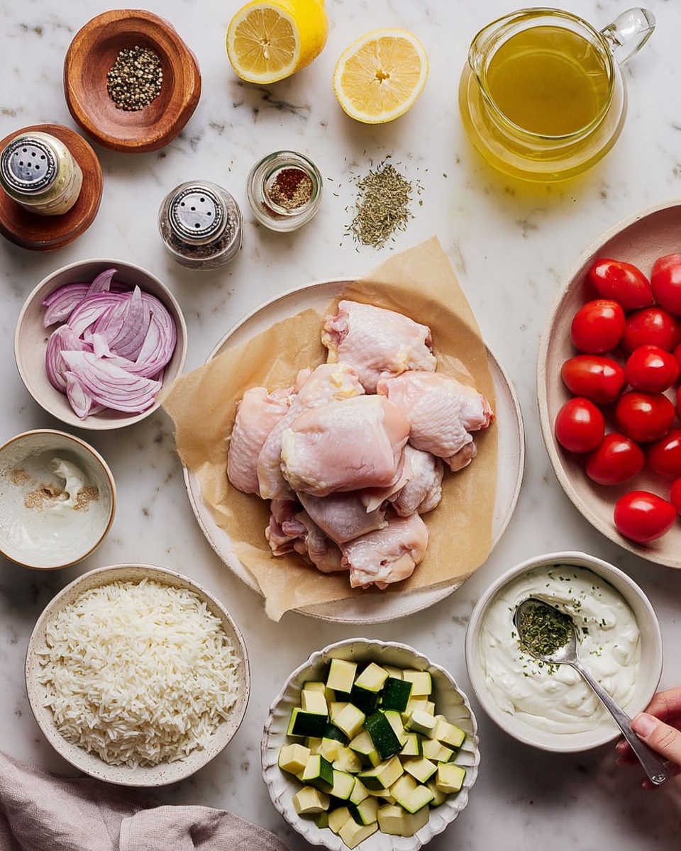 A beige plate in the center holds a stack of raw, pale pink chicken thighs on a brown parchment paper layer. Around it, there are many small white bowls placed on a white marbled surface: one bowl with white rice, one bowl with red sliced onions, one scalloped bowl with green leafy herbs, one bowl with creamy white yogurt with a silver spoon, and one bowl with zucchini cut into small cubes. A white dish full of bright red cherry tomatoes is near the top right. A glass pitcher with yellowish broth and a halved lemon are near the top left. Small jars of spices, a wooden bowl with black pepper, and lemon wedges surround the main plate. A woman's hand holding a spoon is visible near the top holding dried herbs in a small white bowl. Photo taken with an iphone --ar 4:5 --v 7