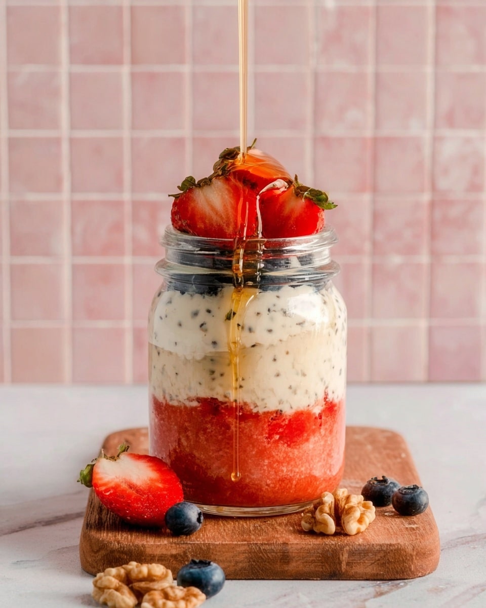 A clear glass jar filled with three visible layers: the bottom layer is a bright red fruit mix with a slightly chunky texture, the middle layer is thick and creamy white with visible tiny black seeds spread throughout, and the top layer is an arrangement of fresh red strawberries and dark blue blueberries. Honey is being poured from above, flowing down the top and sides of the jar, creating a shiny golden stream. The jar sits on a wooden board, with a few scattered blueberries and walnut pieces around it, all placed on a white marbled surface with a pale grid-patterned pink tile background. Photo taken with an iphone --ar 4:5 --v 7