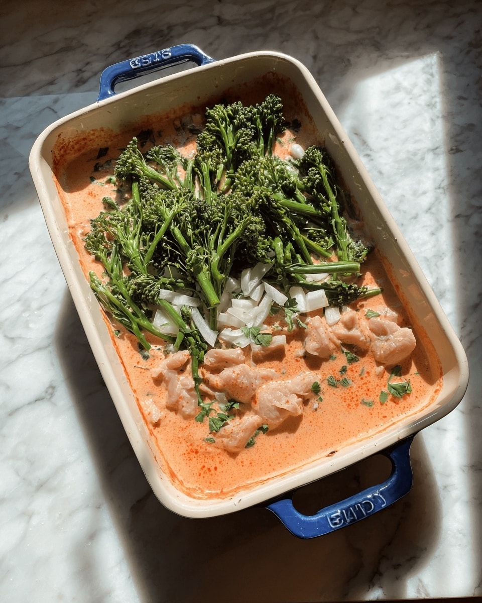 The dish is in a rectangular casserole with blue handles, filled with a creamy orange sauce as the base layer. On top, there are white thick noodle rings spread unevenly throughout. Bright green sugar snap peas and some darker green broccolini pieces are scattered across the dish, adding texture and color. Small chunks of light-colored cooked chicken rest in the sauce, mingling with finely chopped green herbs sprinkled evenly over everything. There are dark brown specks from a chili oil drizzle concentrated on one side and fresh green cilantro leaves arranged as a final topping. The casserole is set on a white marbled surface next to chopsticks resting on a small white plate and a wooden board. photo taken with an iphone --ar 4:5 --v 7