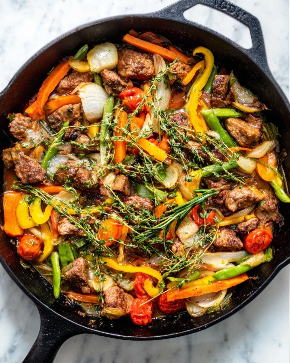 A black cast iron skillet filled with a colorful mix of cooked food on a white marbled surface. The dish has many layers: chunks of browned meat scattered throughout, bright orange and yellow carrot slices, green snap peas, cherry tomatoes, and white onion pieces. Sprigs of fresh green herbs, including thyme, are spread over the top. The vegetables and meat have a shiny, slightly oily texture, showing they were cooked together. The skillet handle is partially visible. Photo taken with an iphone --ar 4:5 --v 7