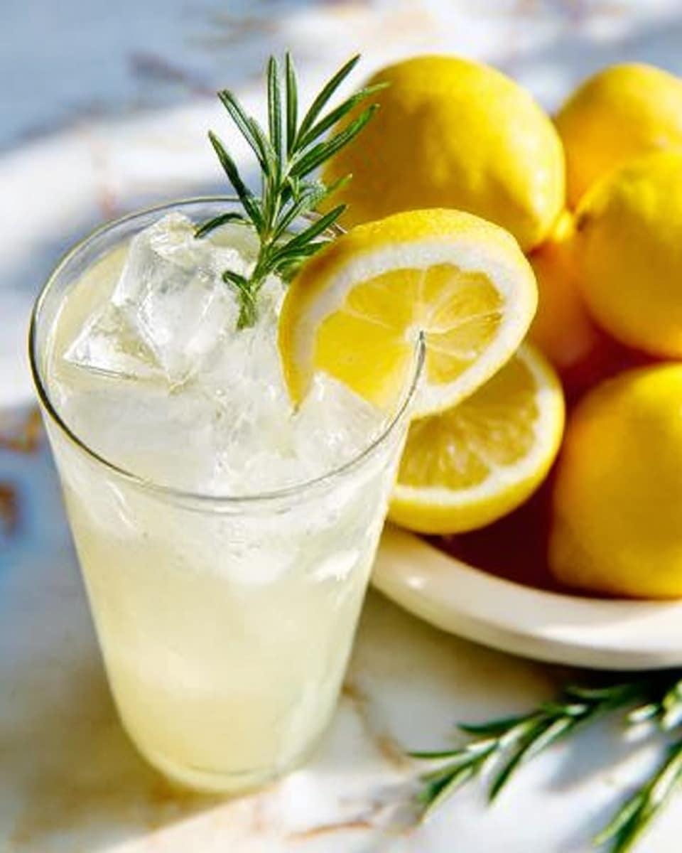 A clear glass is filled with large ice cubes and a pale yellow lemon drink. On the rim of the glass, there is a thin lemon slice with a small green rosemary sprig placed inside it. The background shows a white marbled surface with whole and cut lemons slightly blurred. The light highlights the freshness and coolness of the drink. photo taken with an iphone --ar 4:5 --v 7
