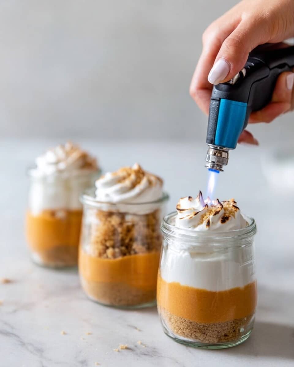 The image shows three clear glass jars with three visible layers. The bottom layer is smooth and bright orange, the middle layer is light brown and crumbly, and the top layer is fluffy white cream with small peaks. A woman's hand is holding a small blue and black torch, lightly browning the cream on the jar closest to the camera. The jars are placed on a white marbled surface with a clean, soft background. photo taken with an iphone --ar 4:5 --v 7
