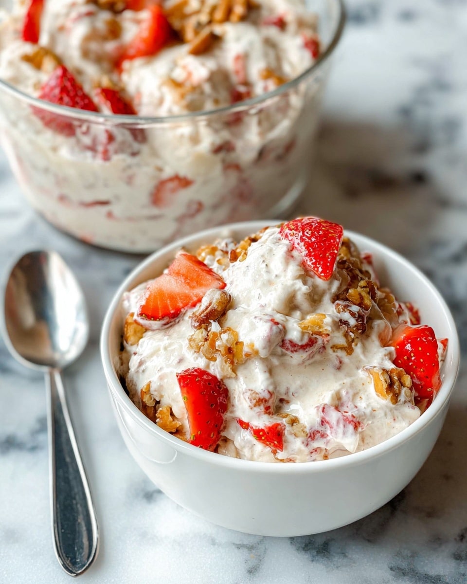 The image shows a small white bowl filled with a creamy mixture that has visible pieces of red strawberries and golden-brown candied nuts scattered throughout. The creamy layer looks soft and light, filling the bowl generously. Behind the bowl, there is a clear glass bowl also filled with the same mixture. Both bowls sit on a white marbled surface with a silver spoon placed to the left of the small bowl. The overall look is fresh and inviting with a mix of smooth, chunky, and crunchy textures. photo taken with an iphone --ar 4:5 --v 7