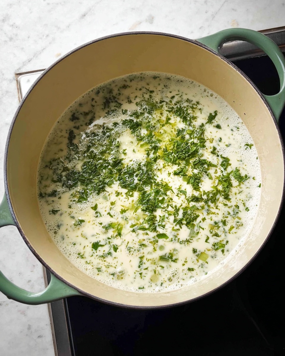 A large white pot with greenish handles sits on a black stovetop. Inside the pot is a creamy white liquid with many small and medium patches of green herbs scattered throughout, giving it a speckled texture. The liquid appears smooth and slightly frothy around the edges, filling the pot almost to the top. The scene is lit to show the contrast between the creamy base and the fresh green herbs. The surface around is a white marbled texture. photo taken with an iphone --ar 4:5 --v 7