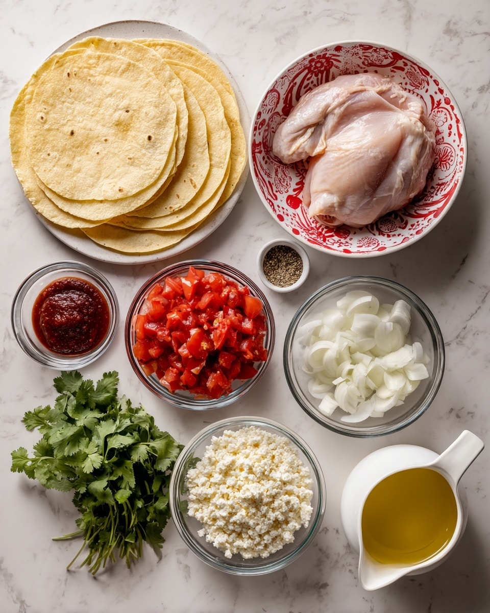 The image shows a flat lay of ingredients for a chicken dish arranged on a white marbled surface. At the bottom left, there are pale yellow tortillas with fresh green cilantro leaves on top. In the center, a round bowl with a red patterned rim holds a pale pink raw chicken piece. Above it, a white bowl filled with red diced tomatoes sits next to a small glass bowl of bright red tomato paste. To the left of the tomatoes, there is a small glass bowl of black chipotle sauce and a clear bowl of white sliced onions. Near the bottom right, there is a small cup of crumbly white cotija cheese next to a clear bowl containing a mix of salt and pepper. A glass cup with golden oil and a white pitcher with yellow chicken broth complete the setup, along with a tiny bowl of minced garlic. All items are spaced evenly and lit naturally. Photo taken with an iphone --ar 4:5 --v 7
