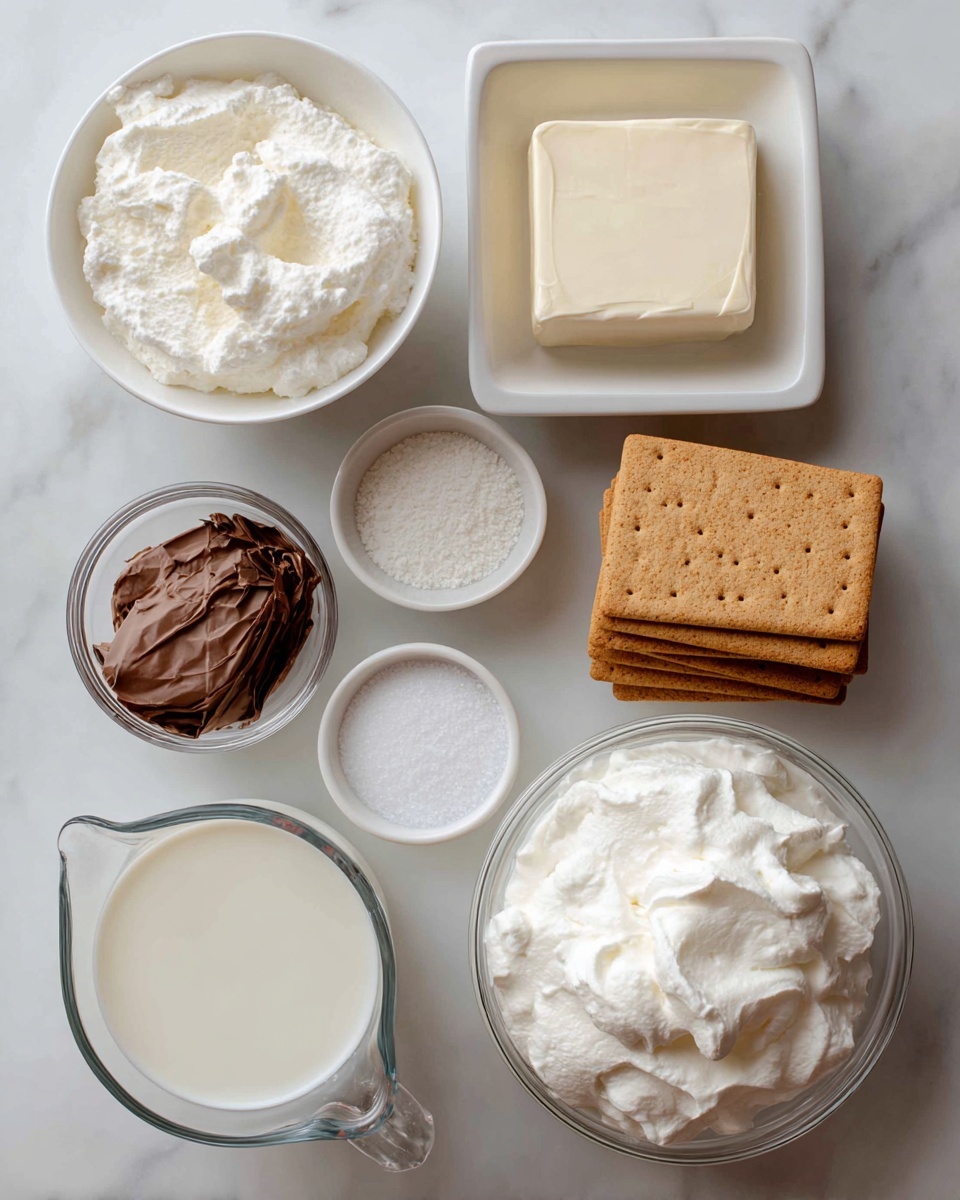 The image shows seven ingredients in clear or white containers on a white marbled surface, arranged neatly. At the top left, there is a white bowl with marshmallow cream, next to it a white square dish with cream cheese. To the right of that, there is a stack of light brown graham crackers. Below the crackers is a small white container with salt. In the center bottom left, a clear glass measuring cup holds white milk. Right next to it is a crumpled brown paper packet with chocolate pudding mix. On the bottom right, a clear bowl is filled with white, fluffy cool whip. All items have clear labels with simple black text. Photo taken with an iphone --ar 4:5 --v 7