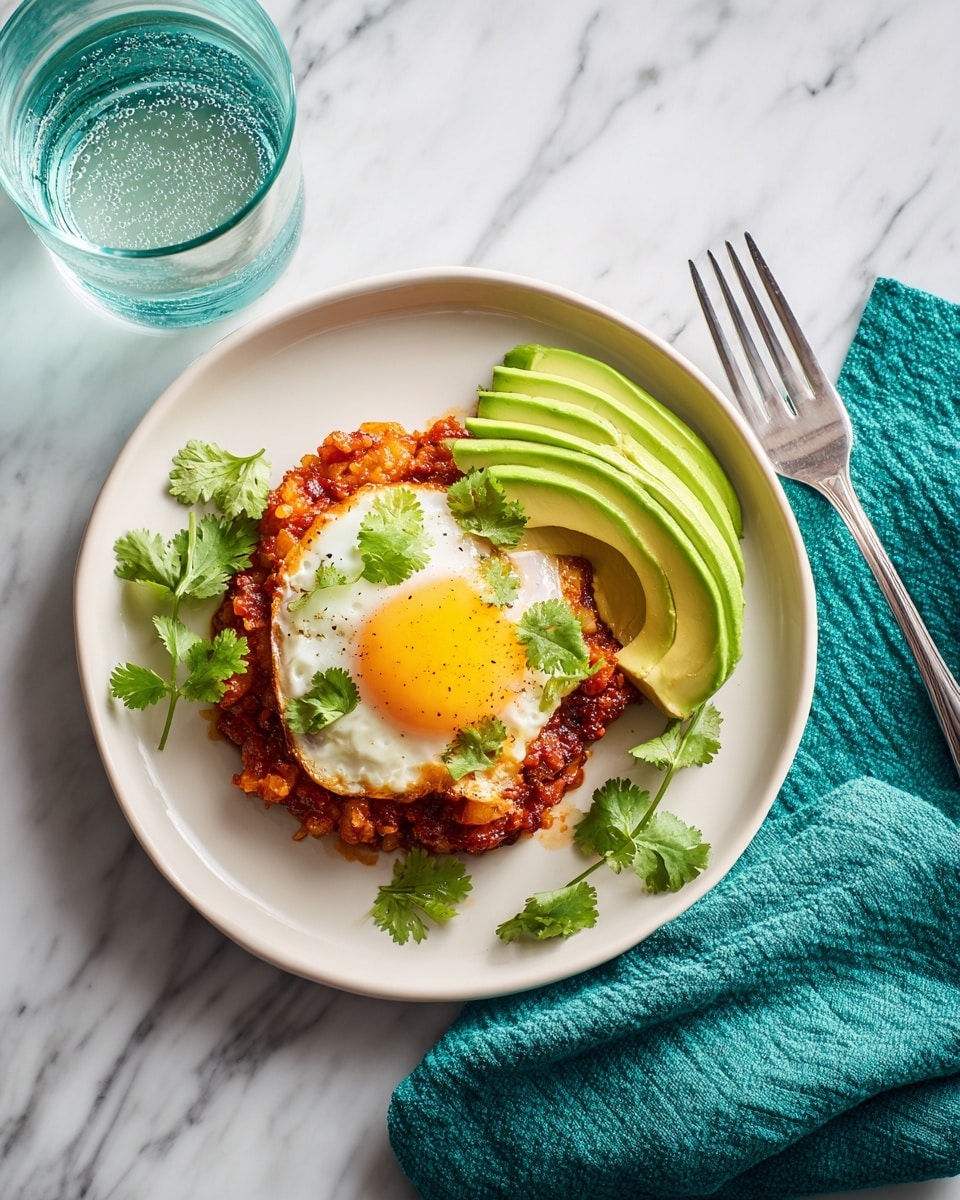 A white plate holds a layered dish with a base of reddish sauce mixed with melted cheese, topped by a sunny yellow fried egg with a slightly firm white. Around the main stack are slices of light green avocado, seasoned with black pepper, and fresh green cilantro leaves scattered on top and around the dish. The plate is set on a white marbled surface, next to a teal cloth napkin and a silver fork on the right, with a glass of clear sparkling water in the upper left background. photo taken with an iphone --ar 4:5 --v 7