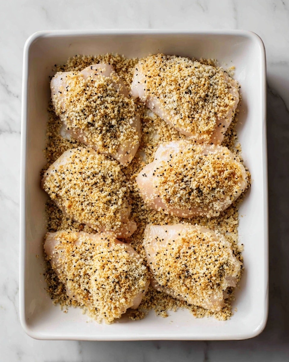 A white rectangular baking dish holds six pieces of raw chicken, each fully covered with a thick, even layer of light brown seasoned breadcrumb coating with small black pepper specks. The chicken pieces are arranged close to each other, filling most of the dish. The dish is placed on a white marbled surface. photo taken with an iphone --ar 4:5 --v 7