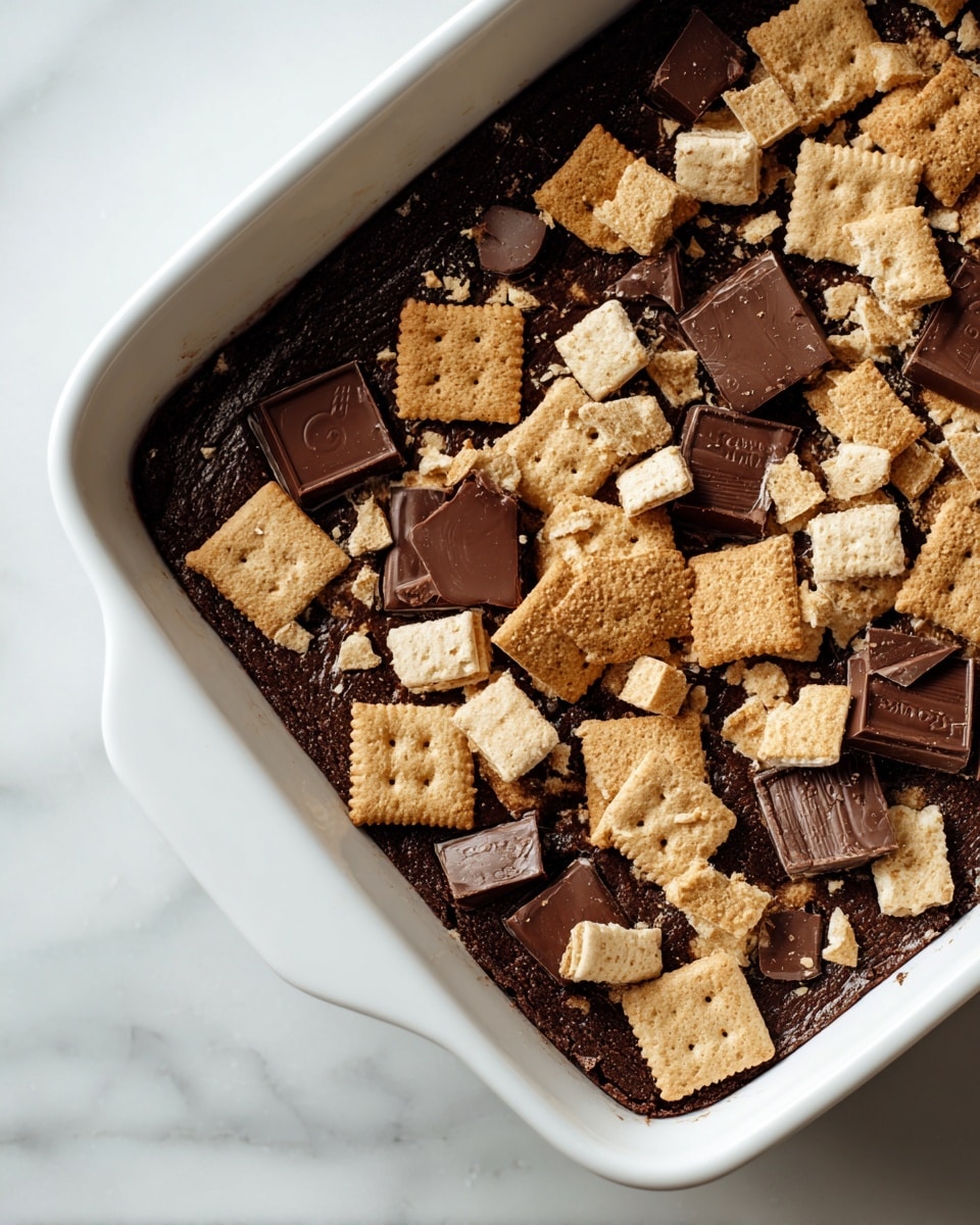 A white rectangular dish filled with a s'mores dessert showing three layers: a dark brown, moist chocolate base at the bottom, a middle layer of melted chocolate chunks, and a top layer of toasted marshmallows with golden brown spots, scattered with broken light tan graham cracker pieces. A white square plate in front holds a single cut piece showing all layers, with additional marshmallow and graham cracker crumbs around it. The white marbled surface beneath is scattered with broken graham crackers, small white marshmallows, and pieces of dark brown chocolate. Photo taken with an iphone --ar 4:5 --v 7