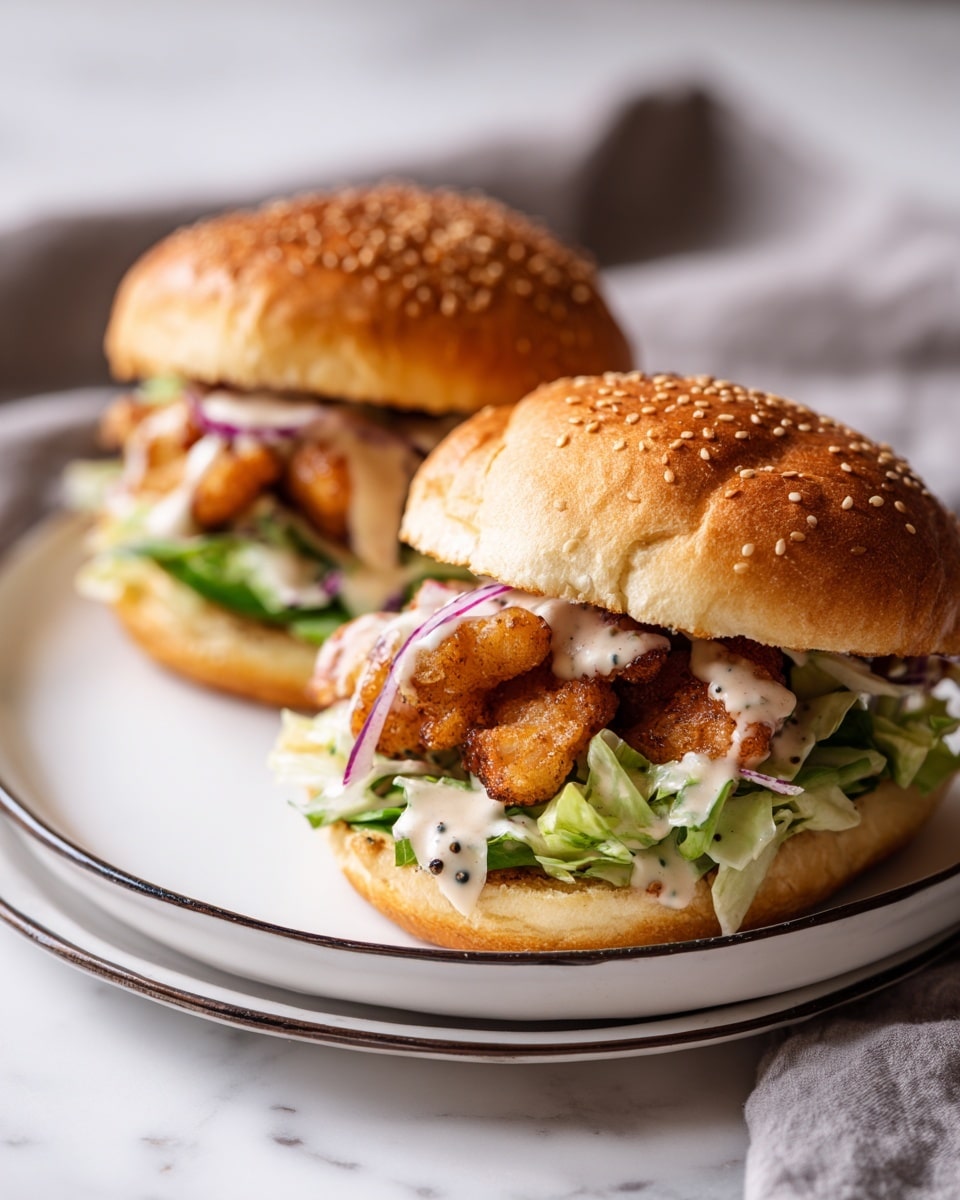 Two sandwiches on a white plate with a thin black rim, placed on a white marbled surface. Each sandwich has a golden brown sesame seed bun split open. Inside, there are crispy fried pieces with a light brown texture, topped with a mix of shredded light green lettuce and thin slices of purple onion. A pale creamy sauce with small black specks is drizzled over the filling, giving a glossy look. The sandwiches are close together, filling the plate, with a soft gray cloth blurred in the background. Photo taken with an iphone --ar 4:5 --v 7