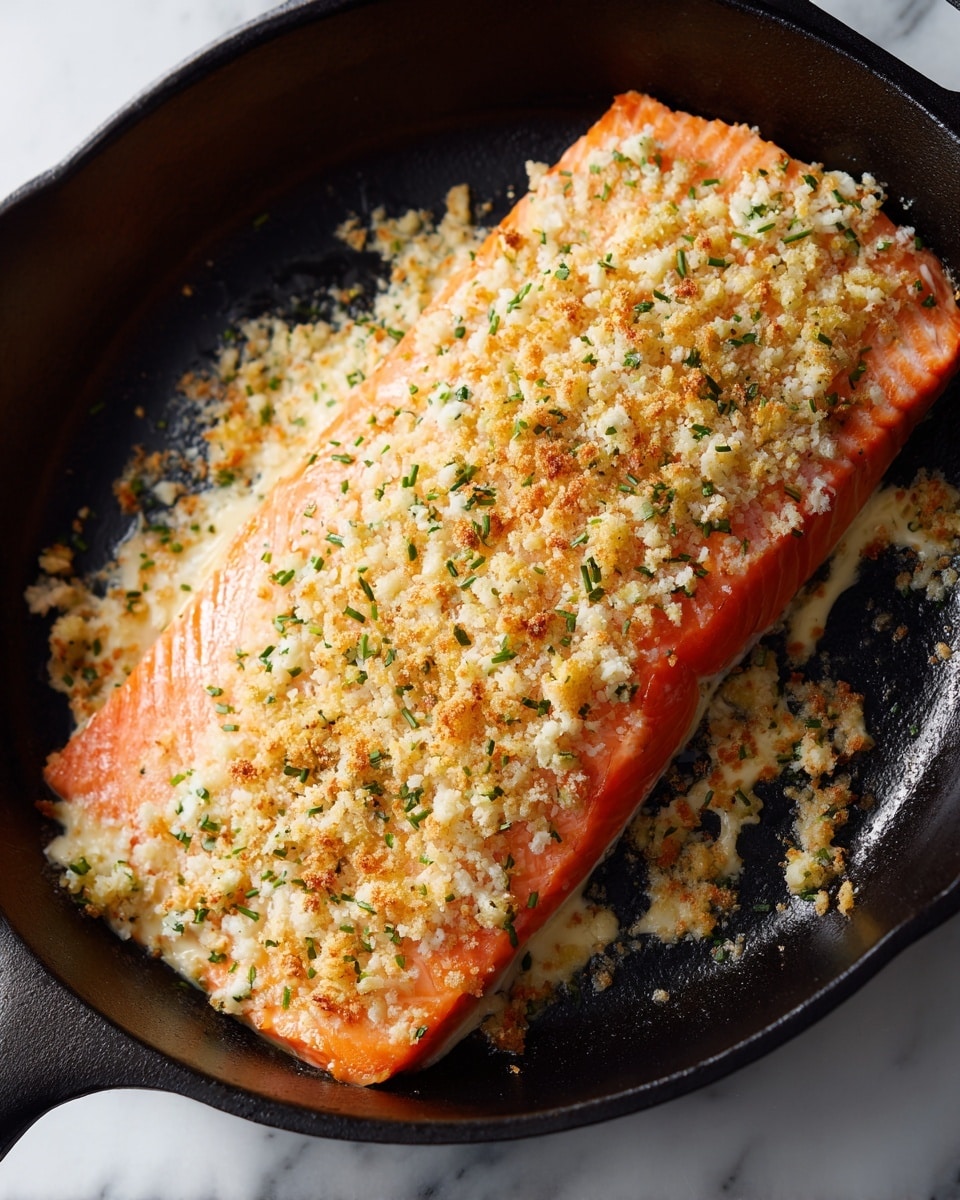 A single piece of bright orange salmon fillet lays flat inside a black cast iron pan, topped generously with a creamy, crumbly mixture that is light yellow with small green flecks mixed throughout. The salmon has a smooth, slightly shiny texture, while the topping looks soft and slightly chunky, covering most of the fish from one edge to the other. The background is a white marbled surface, and the pan handle is visible at the bottom edge of the image. photo taken with an iphone --ar 4:5 --v 7