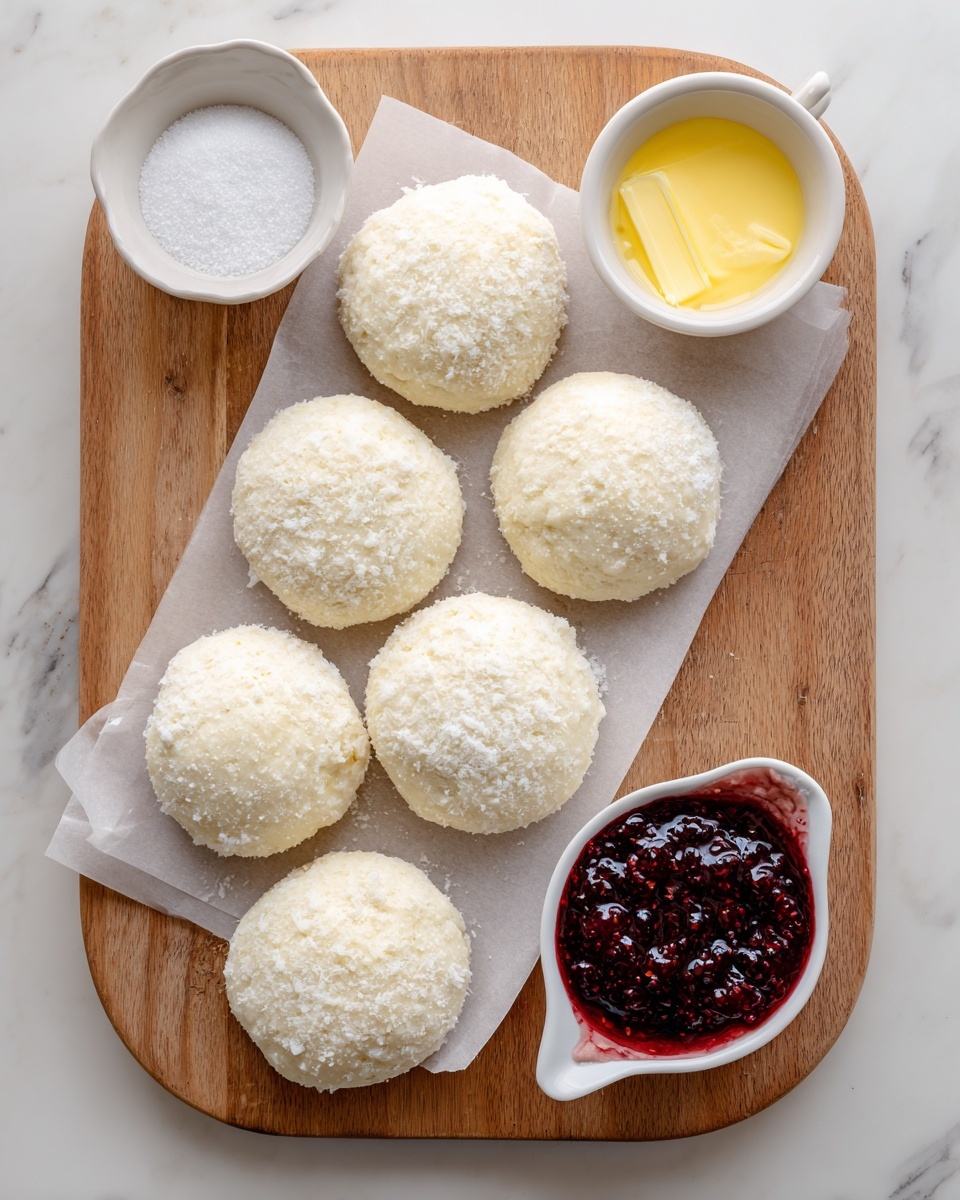 The image shows six fluffy, round white dough pieces arranged in a diagonal line on a sheet of parchment paper placed on a wooden cutting board. At the top left corner, there are two small white bowls: one filled with white granulated sugar and the other with melted yellow butter. At the bottom right of the dough, a white half-cup measuring cup holds a thick, dark red jam with visible seeds and fruit bits. The whole setup rests on a white marbled surface. photo taken with an iphone --ar 4:5 --v 7