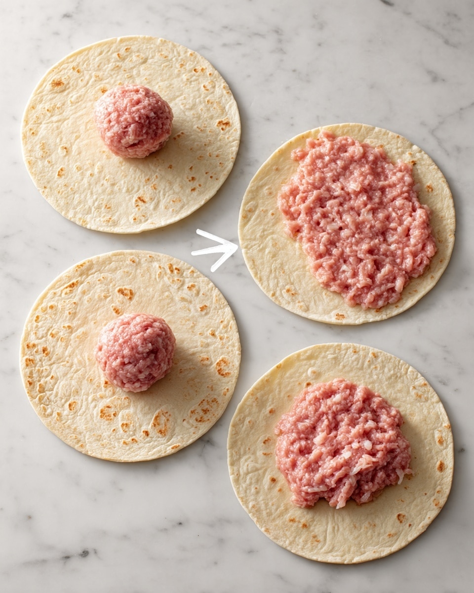 Five soft round tortillas lay flat on a white marbled surface. Four tortillas each have a round ball of raw pink minced meat placed in the center. One tortilla shows the meat spread thin and even across its surface, covering it completely with a slightly textured look. A white arrow points from one ball of meat to the spread meat on the tortilla, indicating the spreading action. The tortillas are light beige with slightly darker brown spots, and the meat is pink with small white bits visible. photo taken with an iphone --ar 4:5 --v 7