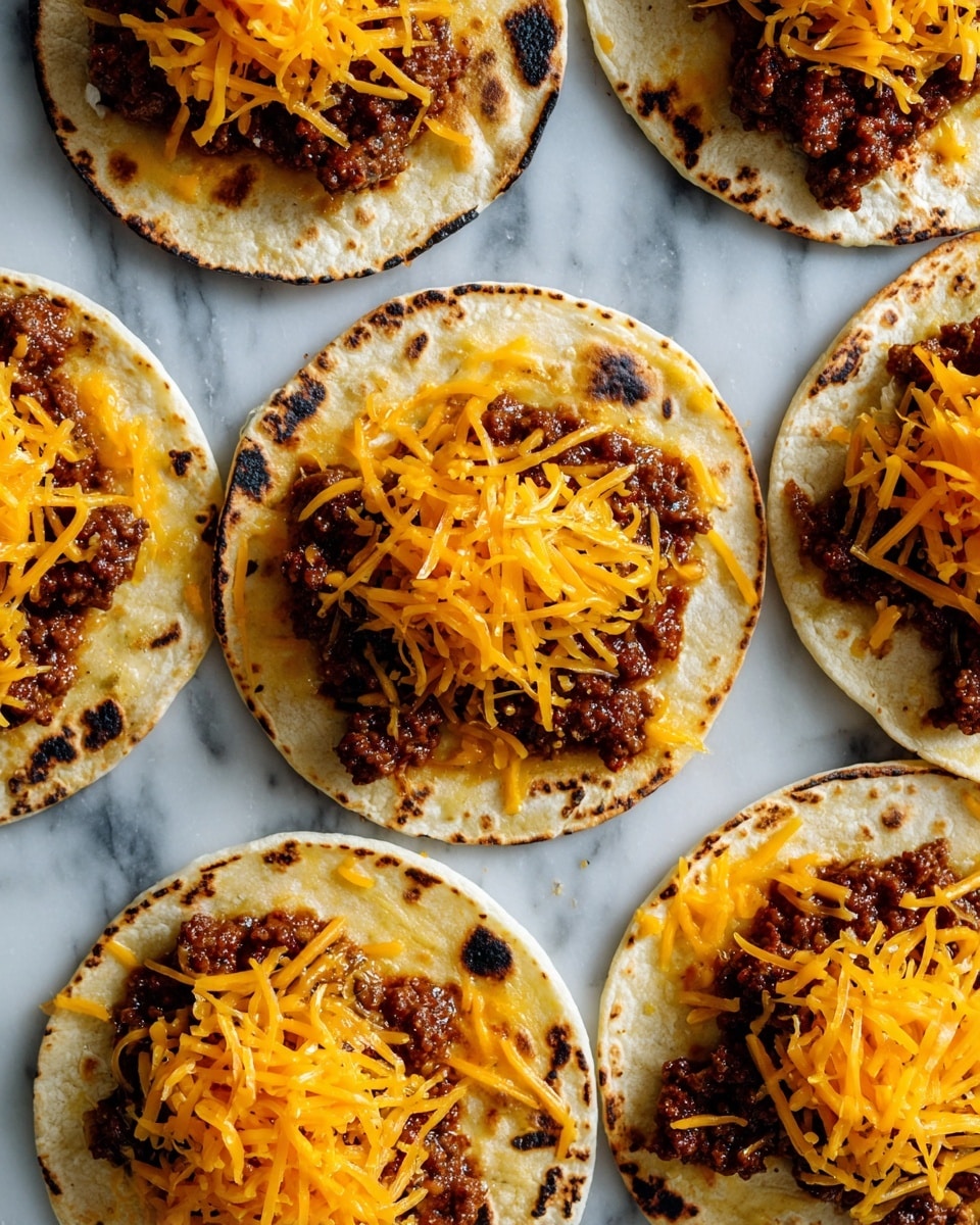 The image shows several small tortillas on a baking sheet, each topped with a cooked beef patty and melted shredded cheddar cheese. Each tortilla is lightly toasted with some charred edges, the tortillas are pale yellow with brown spots. The beef patties are dark brown and sit in the center of the tortillas. Bright orange shredded cheddar cheese is melted unevenly on top of the patties and some cheese has melted onto the tortillas. The background is a white marbled texture. photo taken with an iphone --ar 4:5 --v 7