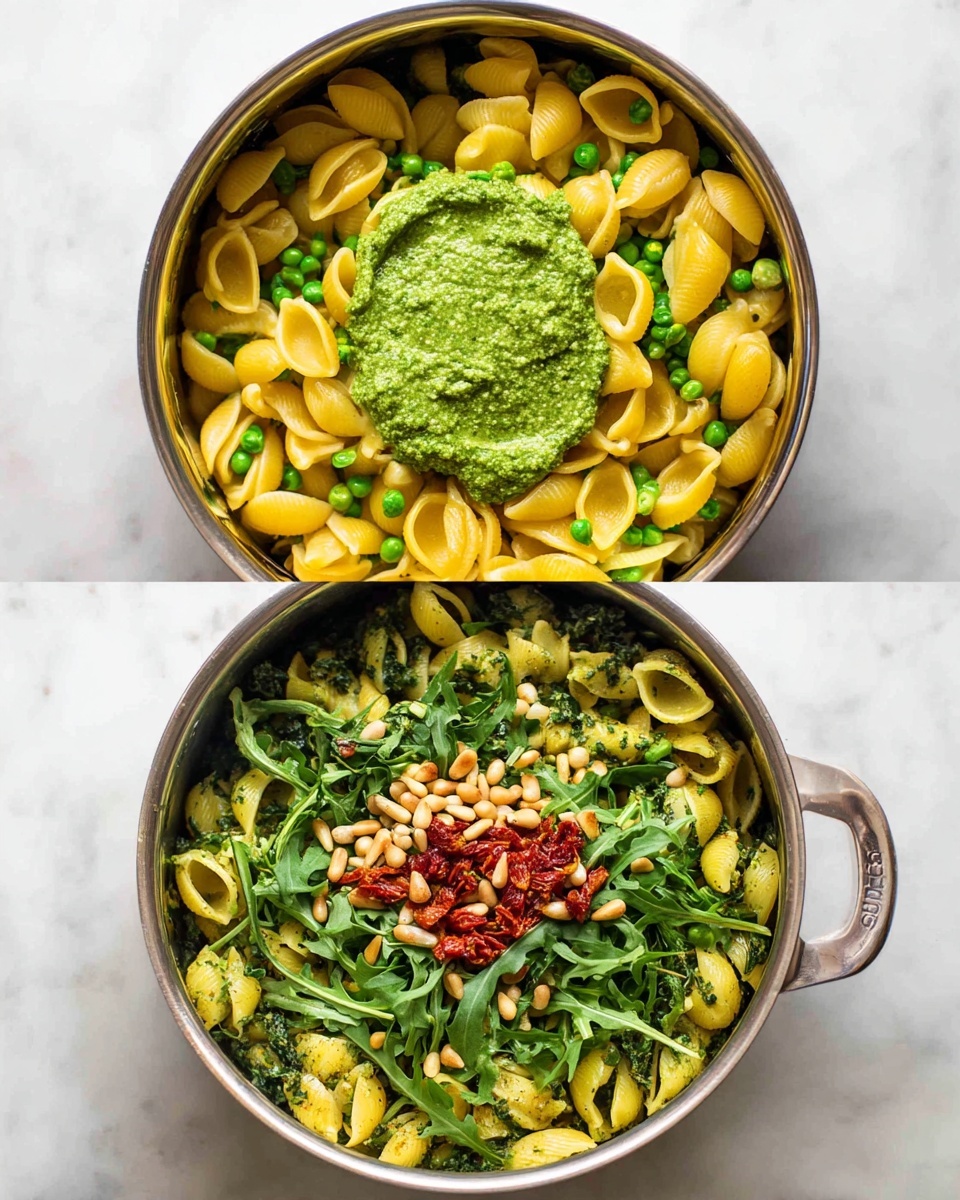 The first image shows a pot with yellow pasta shells mixed with green peas and dark green leafy spinach, topped with a dollop of thick bright green pesto sauce in the center. The second image shows the same pasta now fully mixed with the green pesto sauce, changing the shells to a uniform green color. On top, there is a small pile of light brown pine nuts, some bright red sun-dried tomatoes, and a bunch of fresh leafy green arugula. The pot is on a white marbled surface. Photo taken with an iphone --ar 4:5 --v 7